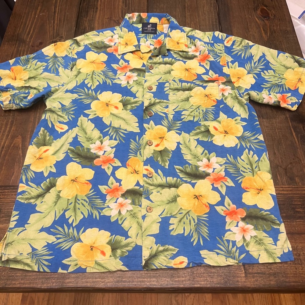 Caribbean Joe Mens Hawaiian Aloha Shirt Blue Floral Short Sleeve Size L